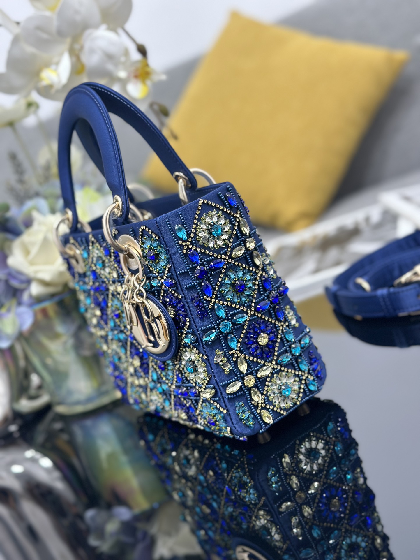 Small Lady Dior Bag Blue Satin Embroidered with Diamond